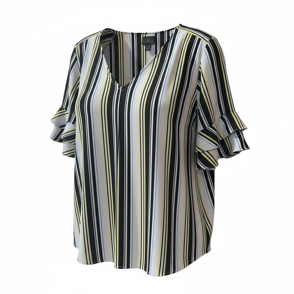 Worthington XL Striped Blouse Ruffle Sleeve V Neck Black Yellow Top